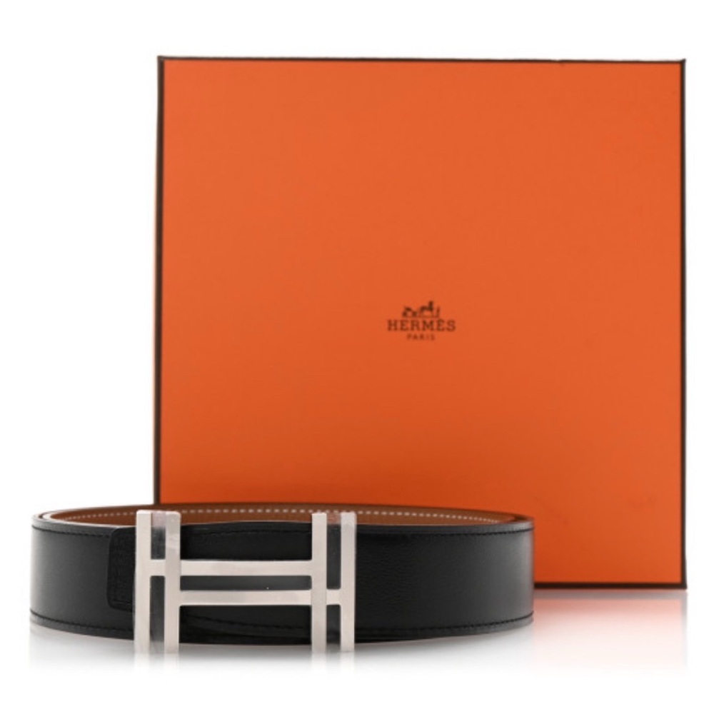Hermes Black Leather Belt with Silver Buckle